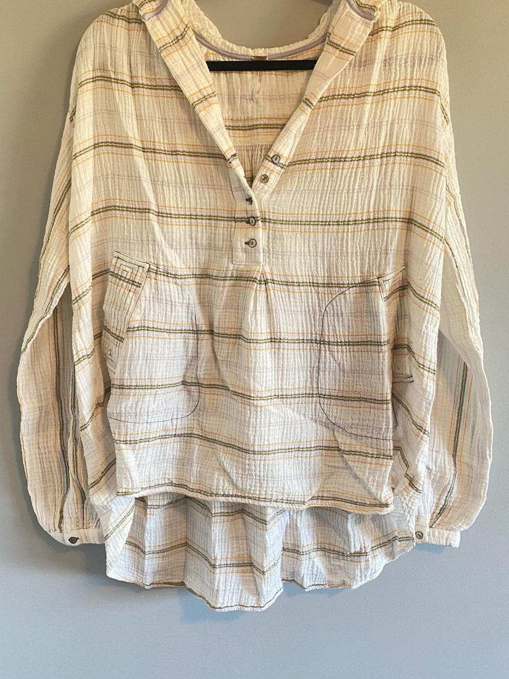 Free People Light Cream Striped Hooded Pullover Top